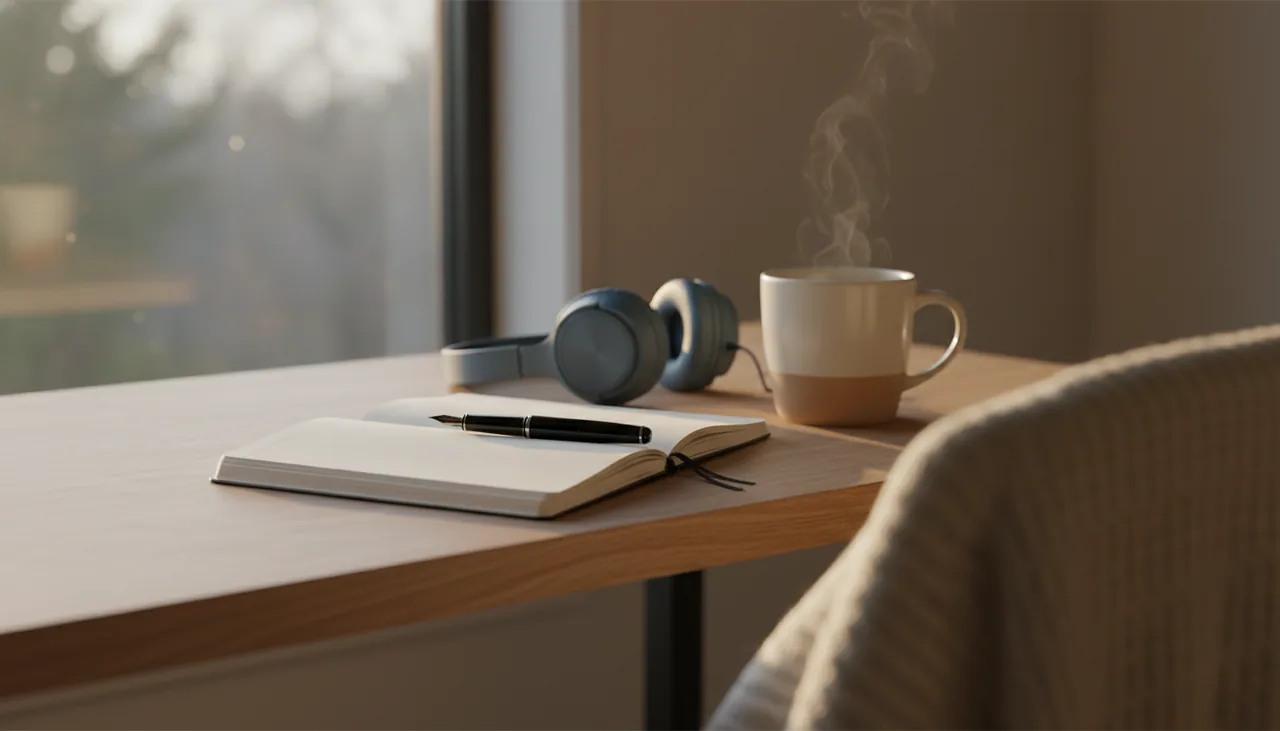 A quiet journaling nook with a notebook, pen and headphones in morning light