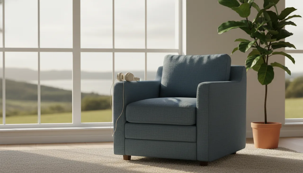 A cozy armchair by a window in soft afternoon light with headphones