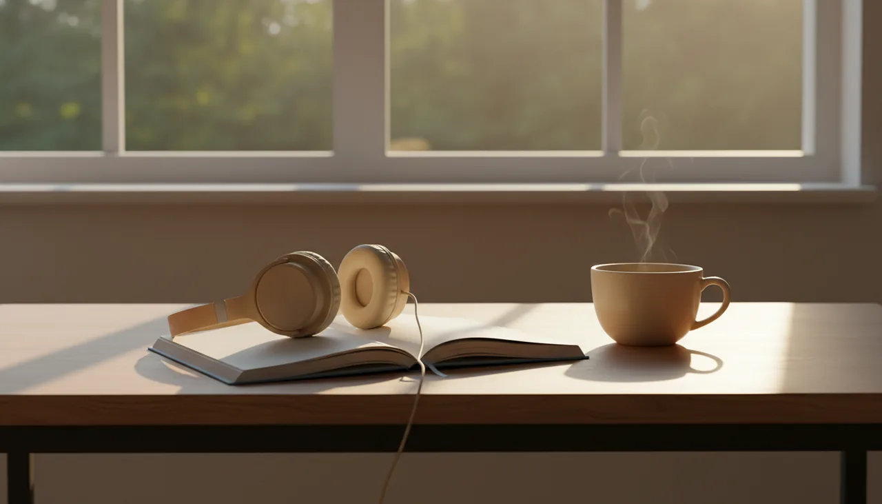 A calm, minimal desk by a window with headphones resting on a notebook