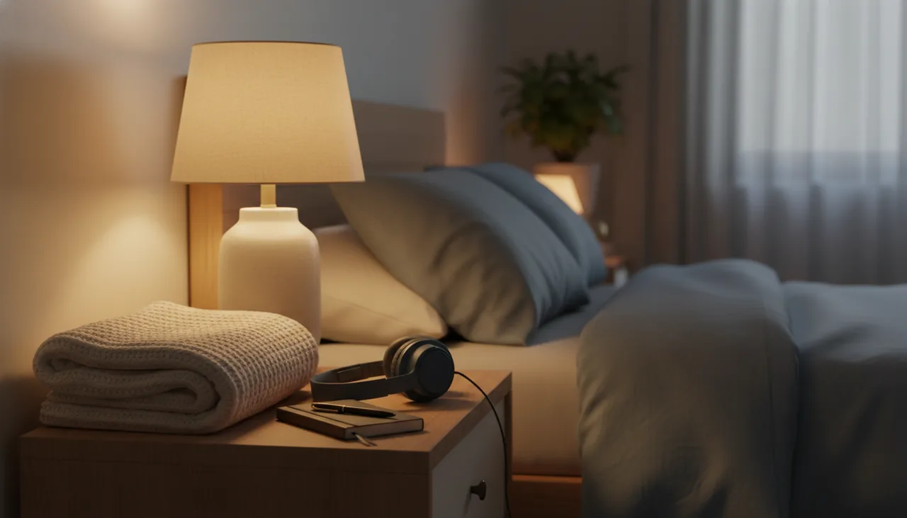 A calm bedside scene at night with a soft lamp and headphones