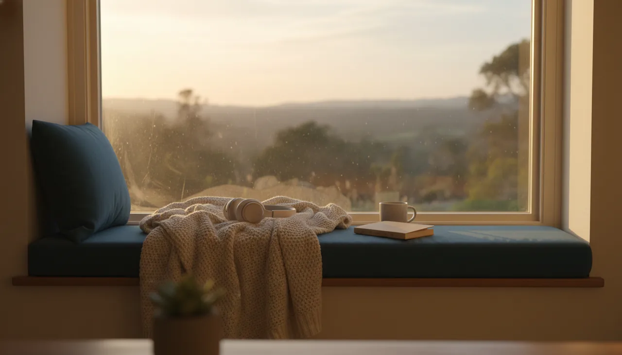 A peaceful window seat with a blanket and headphones at dusk