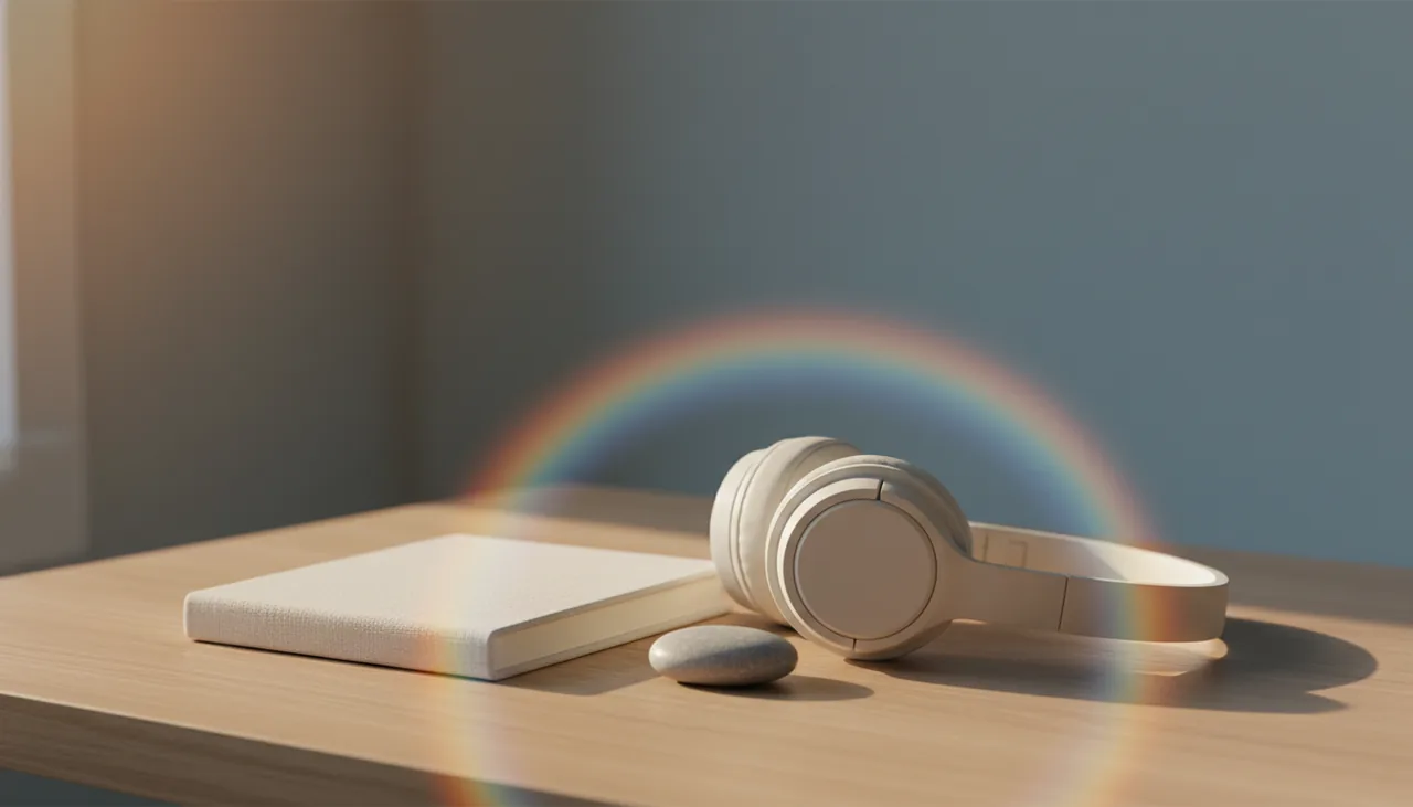 A serene desk with a notebook and headphones, soft abstract light