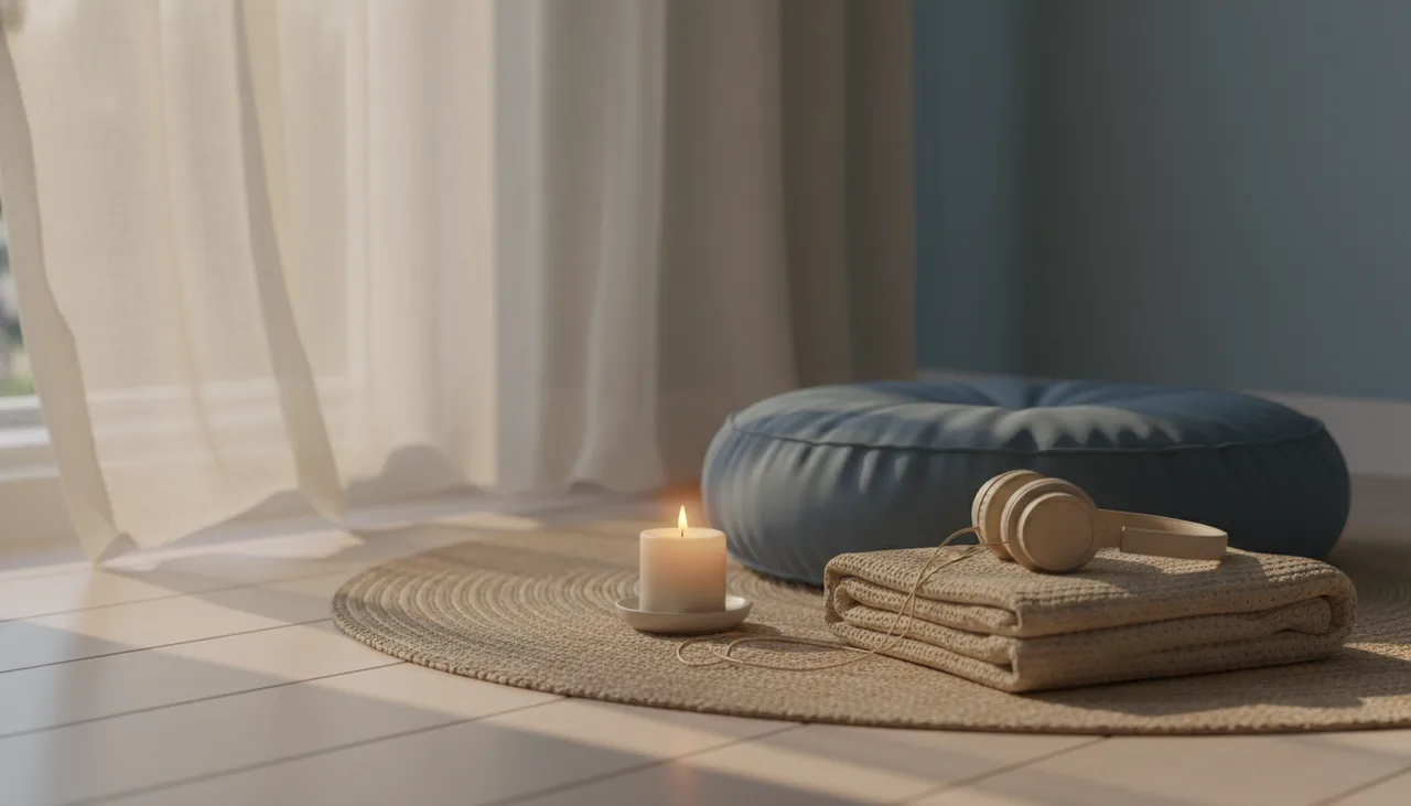 A simple meditation corner with a cushion and warm candlelight